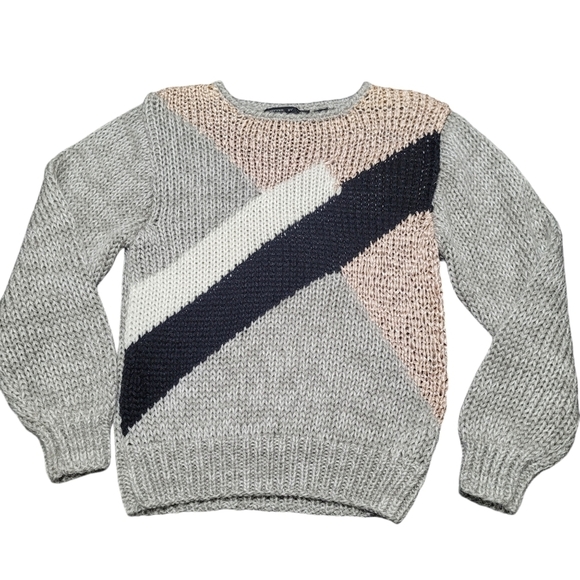 Bramble Lane Knitted By Hand Grey Colorblock Sweater Size Medium - Picture 1 of 7